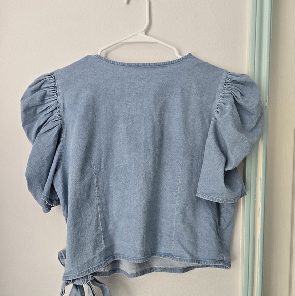 Bar III Elegant Sky Blue Puff Sleeve Wrap Blouse Size XL - Picture 12 of 16